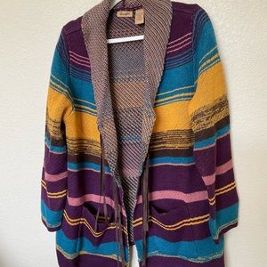 Wrangler multicolored wrap sweater; leather tassels as buttons.